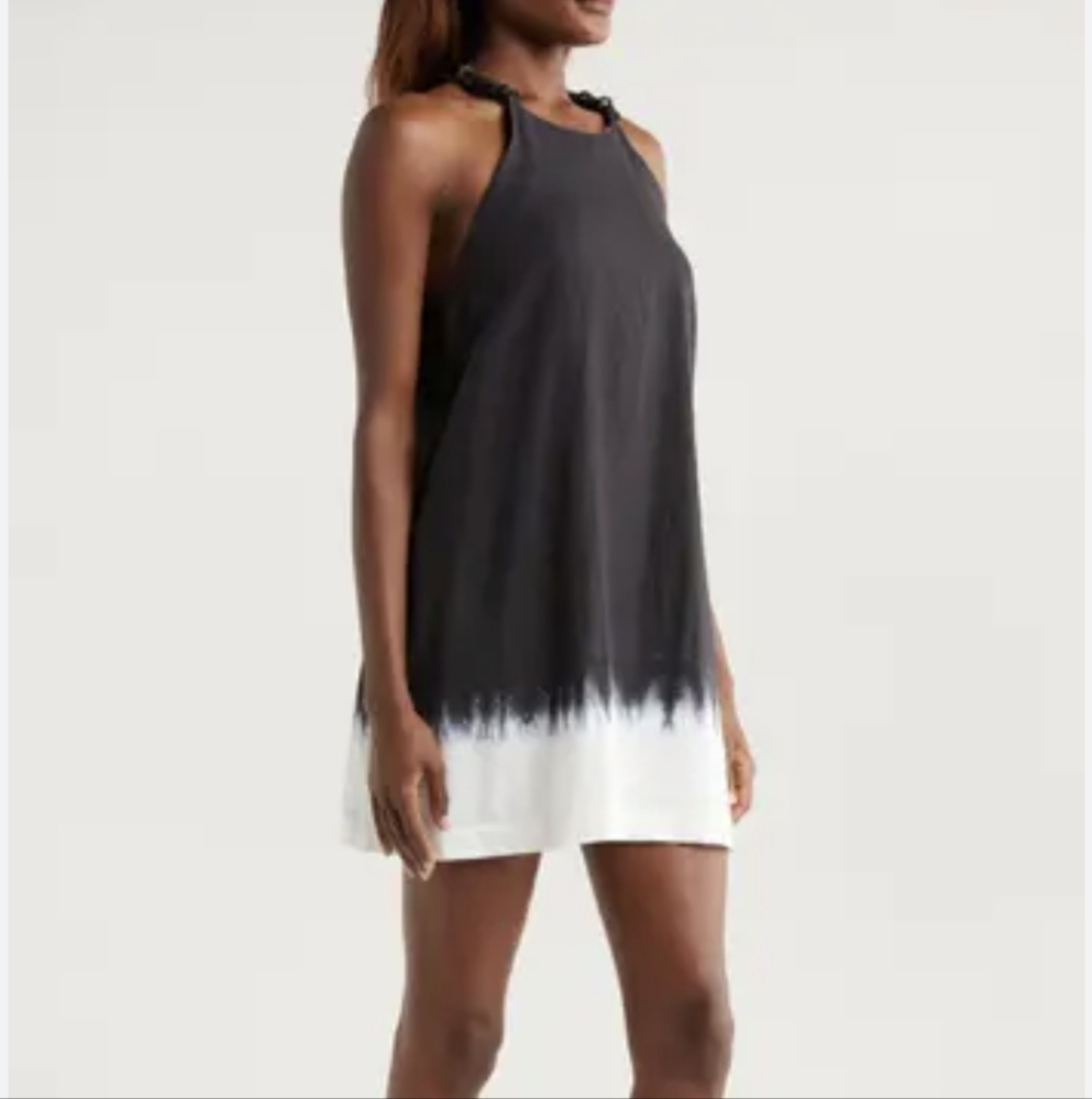 Staud Cabo Linen Dip Dye Mini Dress Sleeveless With Pockets New Blue READ
